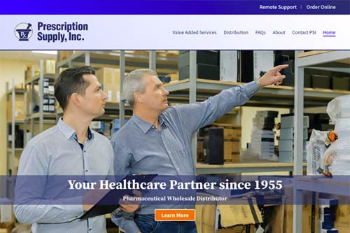 Prescription Supply Homepage showing warehouse workers checking inventory on shelves