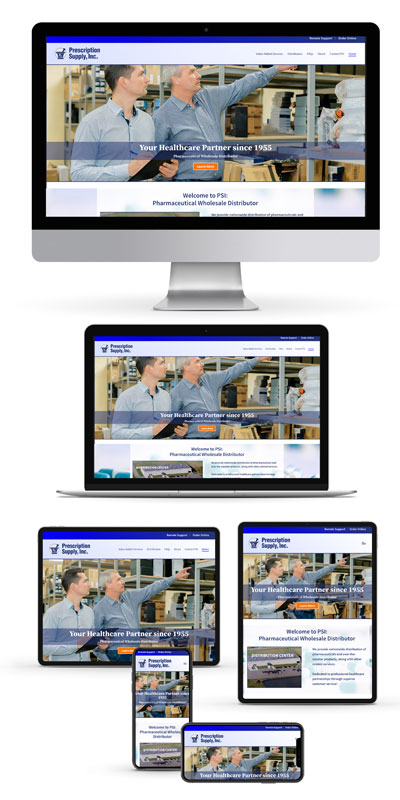 Vertical layout showing website homepage in different devices: widescreen desktop, laptop, portrait and landscape iPad and cell phones