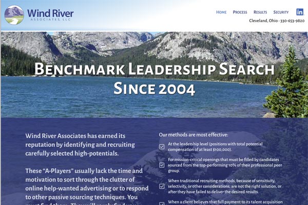 Homepage of Wind River Associates with headline: Benchmark Leadership Search Since 2004.